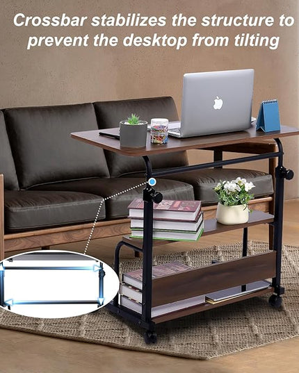 Portable Desk Small Desks for Small Spaces Laptop Table Brown Rolling Adjustable Desk on Wheels Mobile Couch Desk for Bedroom Home Office Computer Standing Desk Student Desk with Storage 32x16 Inch - LeafyLoom