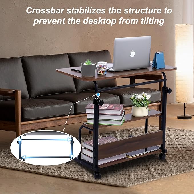 Portable Desk Small Desks for Small Spaces Laptop Table Brown Rolling Adjustable Desk on Wheels Mobile Couch Desk for Bedroom Home Office Computer Standing Desk Student Desk with Storage 32x16 Inch - LeafyLoom