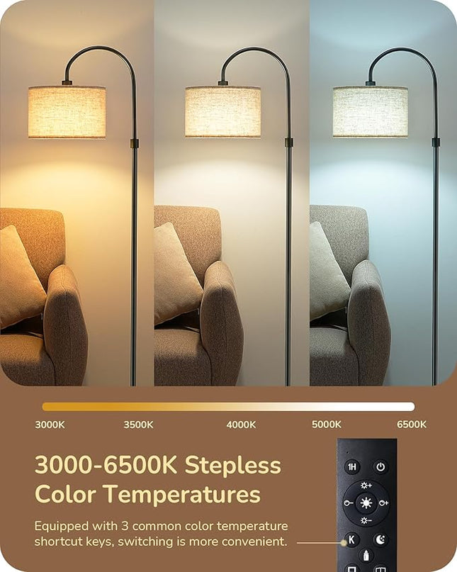EDISHINE Dimmable Floor Lamp with Remote Control, Modern Arc Standing Lamp, 3000K-6500K Color Temperatures, Reading Light for Living Room Bedroom Office, Footswitch, LED Bulb Included, Black - LeafyLoom