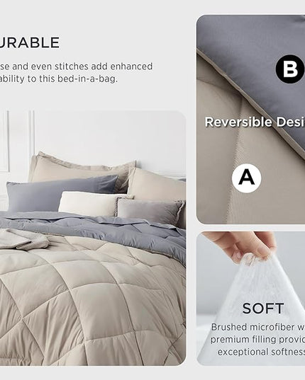 Bedsure Beige King Comforter Set - 7 Pieces Reversible Bed Set Bed in a Bag King with Comforters, Sheets, Pillowcases & Shams, King Bedding Sets - LeafyLoom