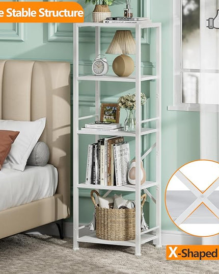 Furologee White Bookshelf 5 Tier Bookcase, Tall Narrow Bookshelves, Modern Freestanding Shelf Units, Metal and Wood Display Storage Corner Shelves Organizer for Bedroom, Living Room, Office, Bathroom - LeafyLoom