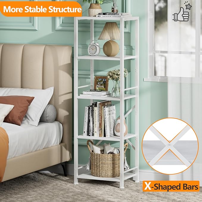 Furologee White Bookshelf 5 Tier Bookcase, Tall Narrow Bookshelves, Modern Freestanding Shelf Units, Metal and Wood Display Storage Corner Shelves Organizer for Bedroom, Living Room, Office, Bathroom - LeafyLoom