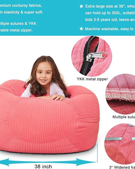Stuffed Animal Storage Bean Bag Chair Cover for Kids, 38" Beanbag Chairs Cover Plush Toys Organizer Super Soft Corduroy with Handle and Zipper for Boys and Girls - Pink - LeafyLoom