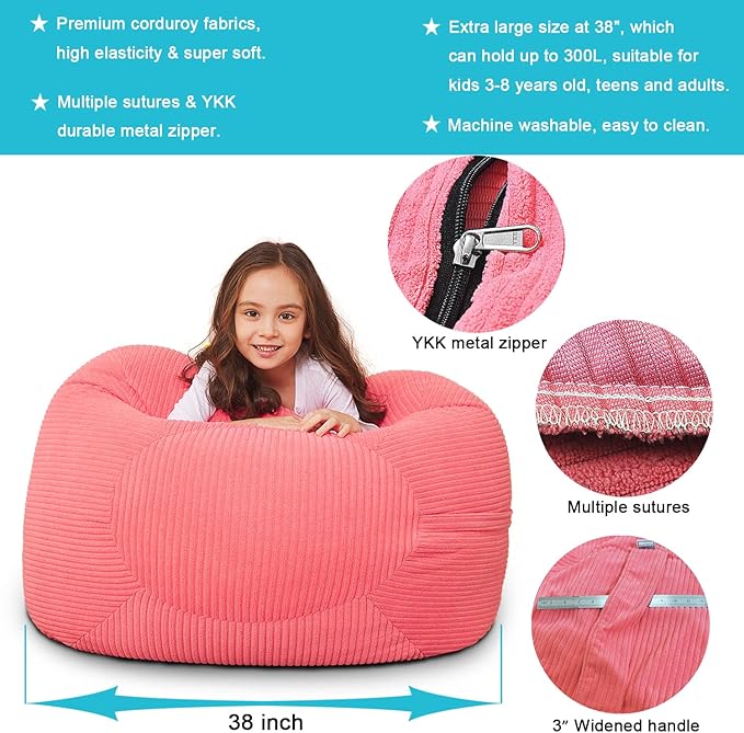 Stuffed Animal Storage Bean Bag Chair Cover for Kids, 38" Beanbag Chairs Cover Plush Toys Organizer Super Soft Corduroy with Handle and Zipper for Boys and Girls - Pink - LeafyLoom