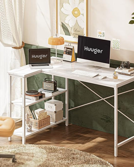L Shaped Desk, 47 Inches Computer Desk with Reversible Storage Shelves, Gaming Desk, Corner Desk Home Office Desks, Writing Desk Study Desk with Metal Frame, White - LeafyLoom