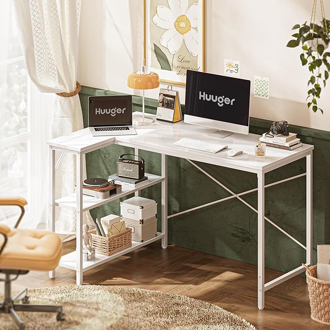 L Shaped Desk, 47 Inches Computer Desk with Reversible Storage Shelves, Gaming Desk, Corner Desk Home Office Desks, Writing Desk Study Desk with Metal Frame, White - LeafyLoom