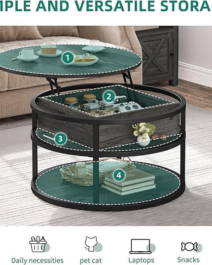 DWVO Round Coffee Tables for Living Room,Lift Top Coffee Table with Storage, Farmhouse Wood Coffee Table,Circle Coffee Tables Living Room for Home Office,Grey - LeafyLoom
