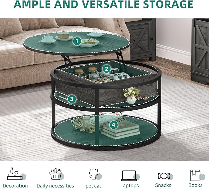 DWVO Round Coffee Tables for Living Room,Lift Top Coffee Table with Storage, Farmhouse Wood Coffee Table,Circle Coffee Tables Living Room for Home Office,Grey - LeafyLoom