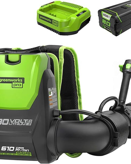 Greenworks 80V (180 MPH / 610 CFM / 75+ Compatible Tools) Cordless Brushless Backpack Blower, 5.0Ah Battery and Rapid Charger Included - LeafyLoom