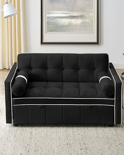3 in 1 Tufted Sleeper Sofa Cylindrical Pillows,Modern Convertible Loveseat Sofá W Pull Out Sleep Couch Bed and Side Pockets,Velvet Upholstered Love Seat Sofabed for Living Room, 55.5", Black1 - LeafyLoom
