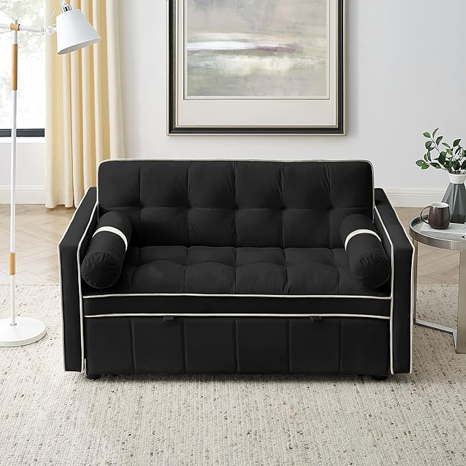 3 in 1 Tufted Sleeper Sofa Cylindrical Pillows,Modern Convertible Loveseat Sofá W Pull Out Sleep Couch Bed and Side Pockets,Velvet Upholstered Love Seat Sofabed for Living Room, 55.5", Black1 - LeafyLoom