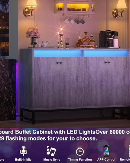 Aheaplus Sideboard Buffet Cabinet with Power Outlet, Kitchen Storage Cabinet with LED Light & Doors, Accent Cabinet Cupboard Buffet Table with Storage for Dining Room, Living Room, Hallway, White Oak - LeafyLoom