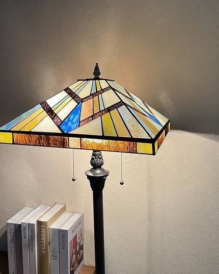 Capulina Tiffany Style Floor Lamp 2-Light 16x16x63 Inch Cream Amber Antique Mission Style Stained Glass Standing Light for Living Room Bedroom Home Office - LeafyLoom