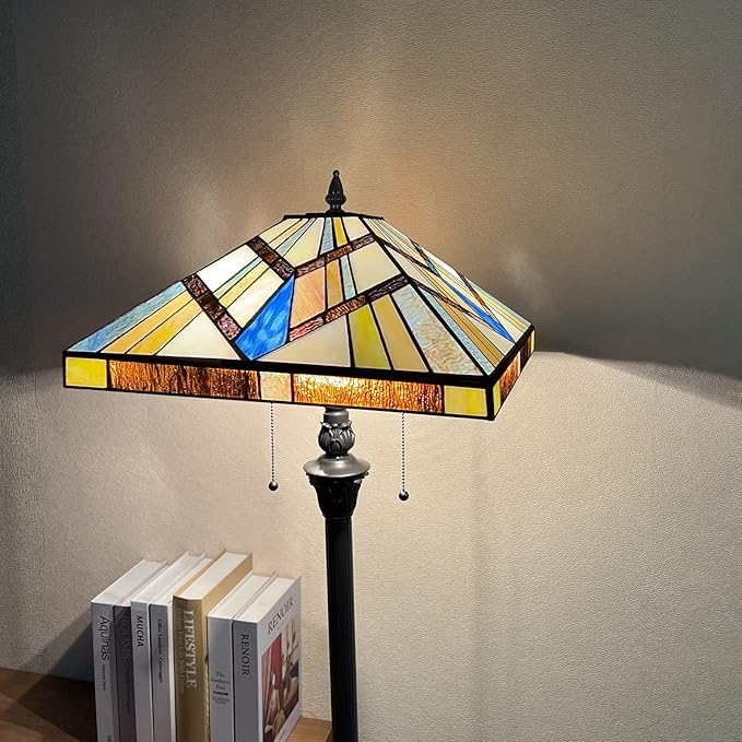 Capulina Tiffany Style Floor Lamp 2-Light 16x16x63 Inch Cream Amber Antique Mission Style Stained Glass Standing Light for Living Room Bedroom Home Office - LeafyLoom
