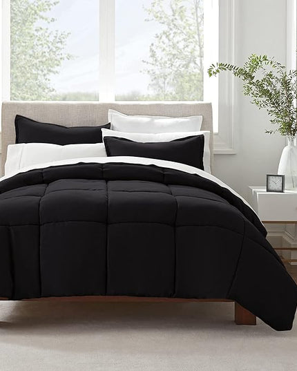 SERTA Simply Clean Ultra Soft Hypoallergenic Solid 3 Piece Comforter Set, Full/Queen, Black - LeafyLoom