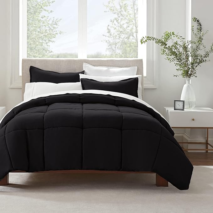 SERTA Simply Clean Ultra Soft Hypoallergenic Solid 3 Piece Comforter Set, Full/Queen, Black - LeafyLoom