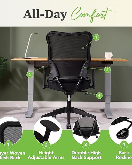HON Wave Ergonomic Office Chair Back Support with High Back Mesh, Adjustable Arms, Comfortable Cushion, 360 Swivel Wheels, Synchro-Tilt, Black - LeafyLoom