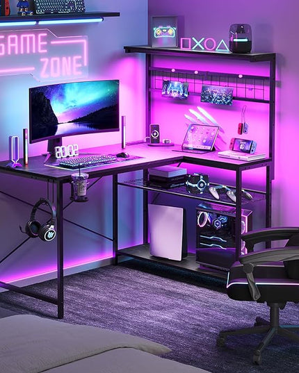 Bestier Gaming Desk with Power Outlets,42 Computer Desk with LED Lights, Reversible Corner Desk with 4-Tier Shelves,Cup Holder & Hook for Home Office,Black Marble - LeafyLoom
