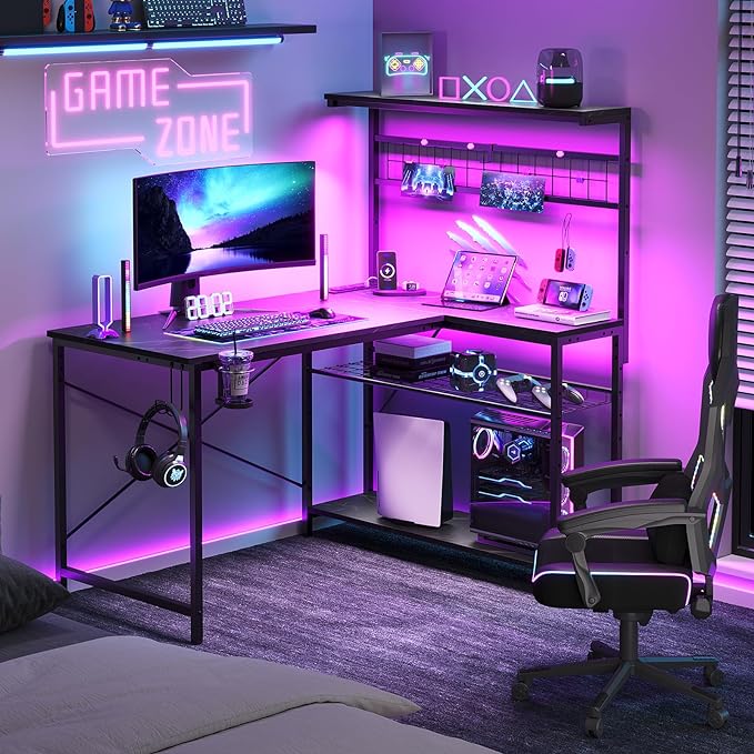 Bestier Gaming Desk with Power Outlets,42 Computer Desk with LED Lights, Reversible Corner Desk with 4-Tier Shelves,Cup Holder & Hook for Home Office,Black Marble - LeafyLoom