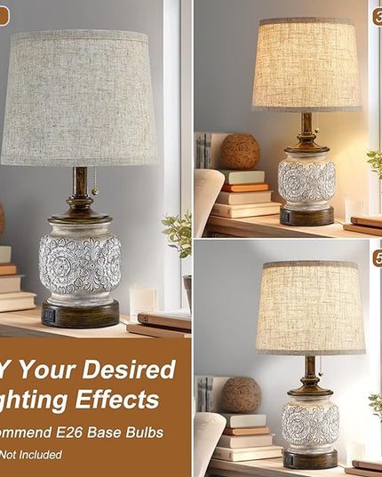 19.5" Farmhouse Bedside Table Lamps Set of 2 Rustic Lamps for Nightstand Bedroom with USB Ports Vintage Traditional White Carved Floral Night Light Lamps for Living Room End Tables Decor - LeafyLoom