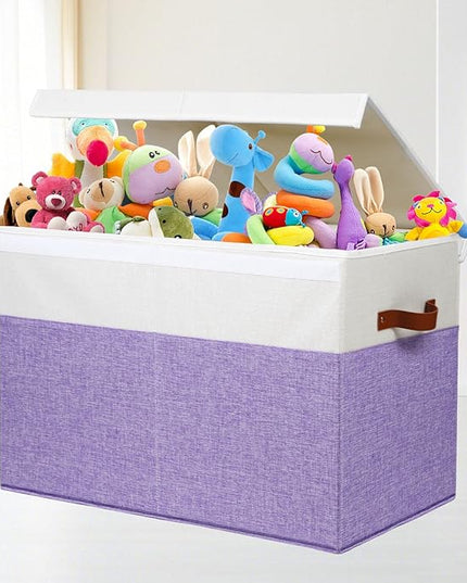 Large Toy Storage Box with Lid, Sturdy Toys Storage Chest Bin Organizer Basket with Dividers for Kids, Boys, Girls, Nursery, Closet, Bedroom, Playroom 25"x13" x16" (Purple and White) - LeafyLoom