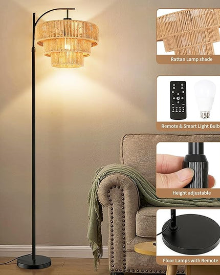 Boho Floor Lamp for Living Room with Remote,Arc Floor Lamps Rattan Standing Lamp Dimmable Farmhouse Tall Lamp with 3-Tier Wicker Lamp Shade Adjustable Black Floor Light for Bedroom Bohemian - LeafyLoom