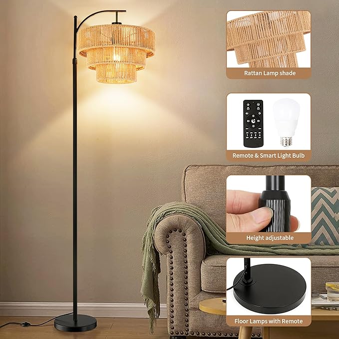 Boho Floor Lamp for Living Room with Remote,Arc Floor Lamps Rattan Standing Lamp Dimmable Farmhouse Tall Lamp with 3-Tier Wicker Lamp Shade Adjustable Black Floor Light for Bedroom Bohemian - LeafyLoom