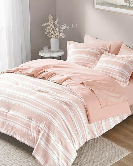 Codi Bed in a Bag Twin Size Complete Set, Pink and White Striped Single Comforter Set 5 Piece for Teen Girls, Modern Neutral Cationic Dyeing Bed Sets with Comforter, Sheets, Pillowcases & Shams - LeafyLoom