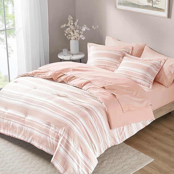 Codi Teen Girl Bedding Full Size, Pink Striped Bed in a Bag Reversible All Season Bed Set, 7 Piece Comforter Set with 2 Pillow Shams, Flat Sheet, Fitted Sheet and 2 Pillowcases - LeafyLoom