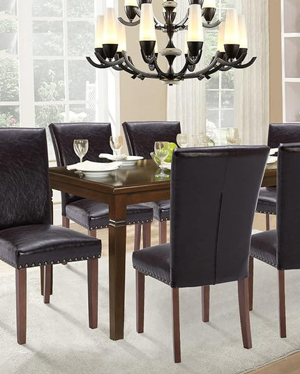 Parsons Dining Chairs Set of 4, Upholstered Nailhead PU Leather Dining Room Kitchen Side Chair with Thick Cushions and Wood Legs, Dark Brown - LeafyLoom