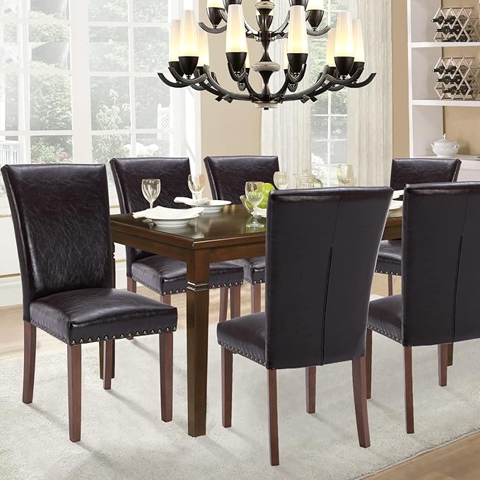 Parsons Dining Chairs Set of 4, Upholstered Nailhead PU Leather Dining Room Kitchen Side Chair with Thick Cushions and Wood Legs, Dark Brown - LeafyLoom