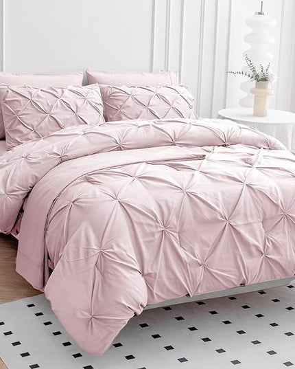 LANE LINEN Full Size Bed Set, 7 Piece Full Size Bed in a Bag Set, Soft Bedding Sets Full Size, Pintuck Full Bed Set, Full Size Comforter Sets for Girls with Sheets, Pillowcases & Shams - Sepia Rose - LeafyLoom