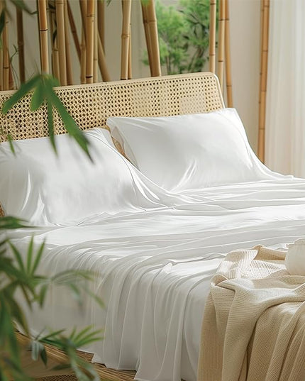 Bedsure Queen Sheets, Rayon Derived from Bamboo, Queen Cooling Sheet Set, Deep Pocket Up to 16", Breathable & Soft Bed Sheets, Hotel Luxury Silky Bedding Sheets & Pillowcases, White - LeafyLoom