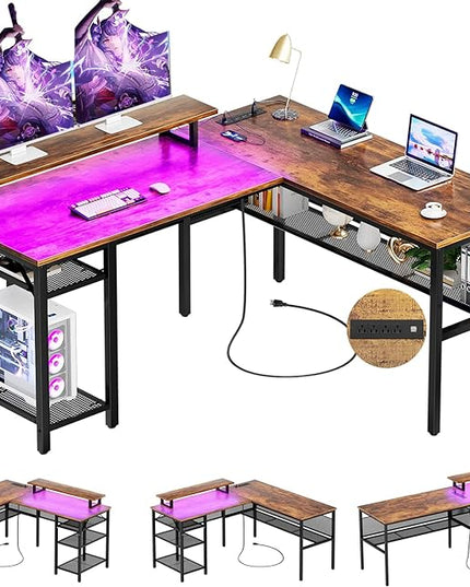 Unikito L Shaped Desk with Magic Power Outlets and Smart Strip Light, Reversible 55 Inch Corner Computer Desk with Monitor Stand, Unique Grid Design, Office Table with Storage Shelves, Rustic Brown - LeafyLoom