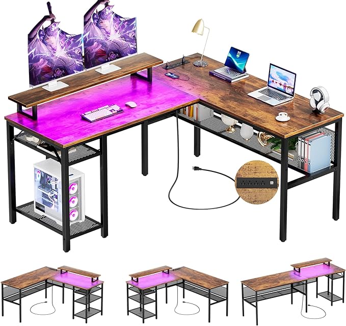 Unikito L Shaped Desk with Magic Power Outlets and Smart Strip Light, Reversible 55 Inch Corner Computer Desk with Monitor Stand, Unique Grid Design, Office Table with Storage Shelves, Rustic Brown - LeafyLoom