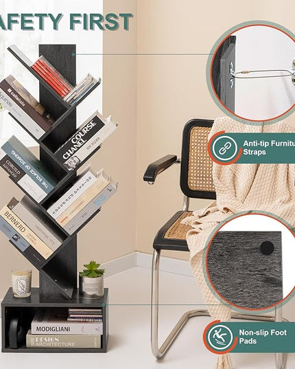 Yoobure Tree Bookshelf - 6 Shelf Retro Floor Standing Bookcase, Tall Wood Book Storage Rack for CDs/Movies/Books, Utility Book Organizer Shelves for Bedroom, Living Room, Home Office, Dark Grey - LeafyLoom