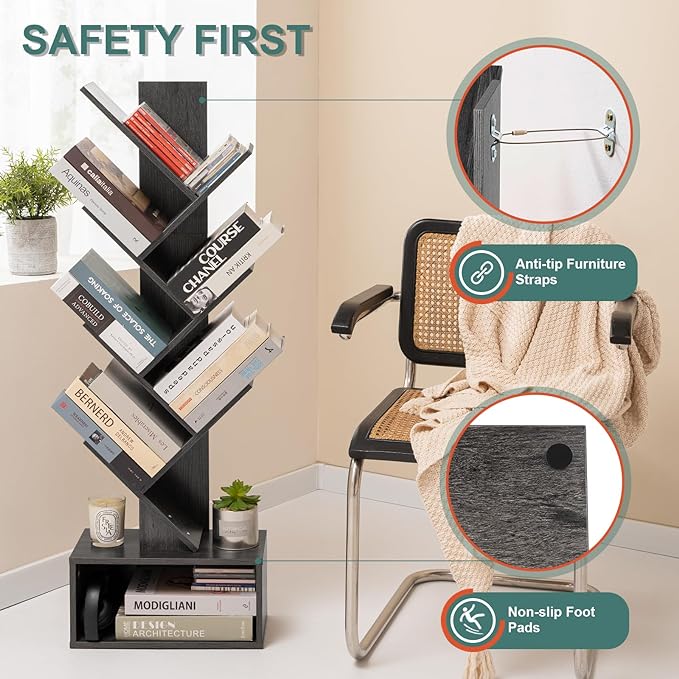 Yoobure Tree Bookshelf - 6 Shelf Retro Floor Standing Bookcase, Tall Wood Book Storage Rack for CDs/Movies/Books, Utility Book Organizer Shelves for Bedroom, Living Room, Home Office, Dark Grey - LeafyLoom