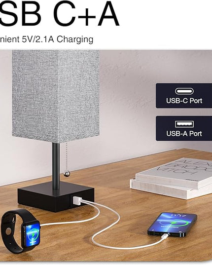 aooshine Table Lamps Set of 2 - Grey, USB A and USB C Charging, Pull Chain Control, Bulb NOT Included, Small - LeafyLoom