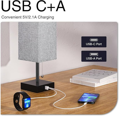 aooshine Table Lamps Set of 2 - Grey, USB A and USB C Charging, Pull Chain Control, Bulb NOT Included, Small - LeafyLoom