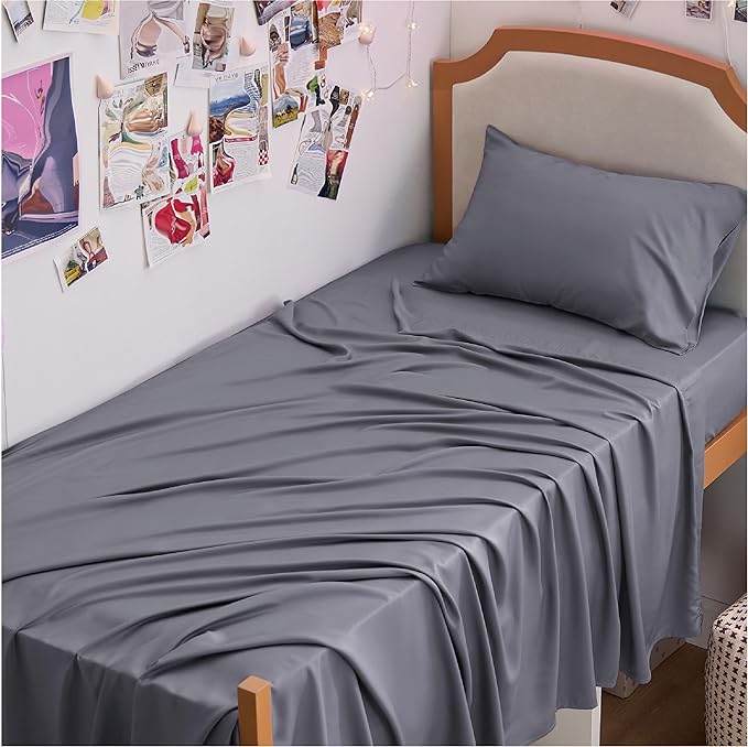Bedsure Twin XL Sheet Set Dorm Bedding, Cooling Sheets Twin Extra Long Sheets, Rayon Derived from Bamboo, Deep Pocket Up to 16", Hotel Luxury Silky Bedding Sheets & Pillowcases, Dark Grey - LeafyLoom