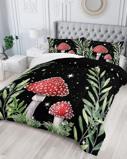 Galaxy Mushroom Comforter Set Queen Size Kids Mushroom Bedding Set Leaves Quilt Bed Set for Boys Girls Adults with 1 Comforter and 2 Pillowcases - LeafyLoom