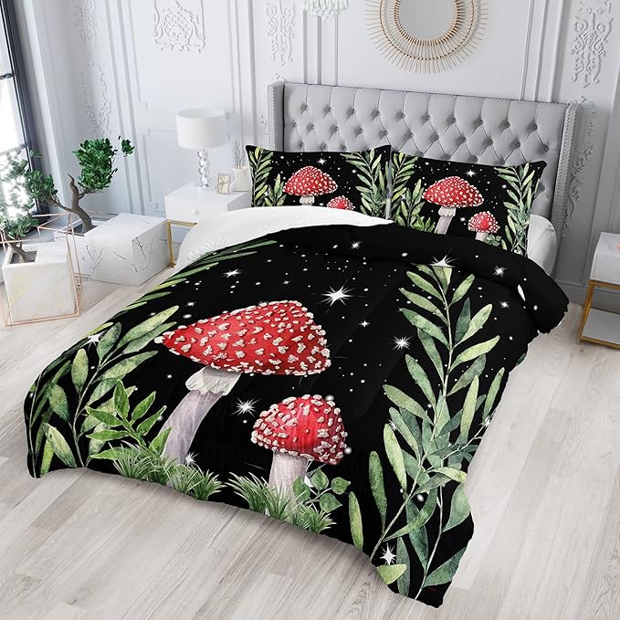 Galaxy Mushroom Comforter Set Full Size Kids Mushroom Bedding Set Leaves Quilt Bed Set for Boys Girls Adults with 1 Comforter and 2 Pillowcases - LeafyLoom