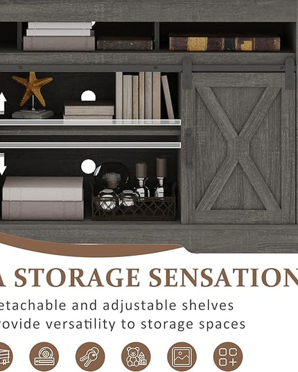 Farmhouse TV Stand with Sliding Barn Door for TVs up to 65+ Inch, 34" Tall Entertainment Center, Wood Media Console Storage Cabinet for Bedroom, Living Room, Dark Grey - LeafyLoom