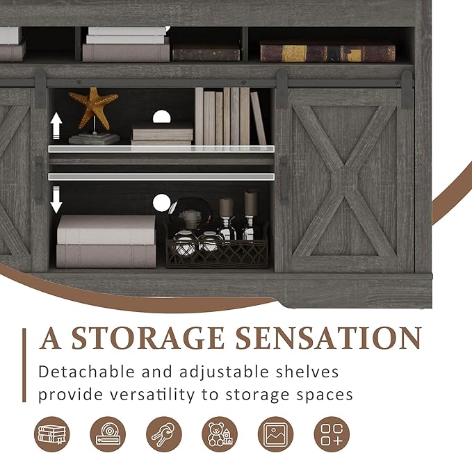 Farmhouse TV Stand with Sliding Barn Door for TVs up to 65+ Inch, 34" Tall Entertainment Center, Wood Media Console Storage Cabinet for Bedroom, Living Room, Dark Grey - LeafyLoom