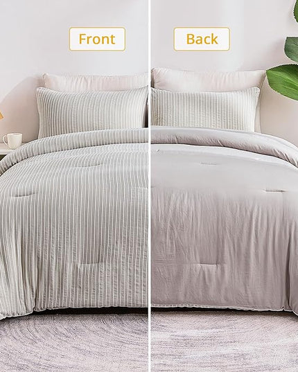 ENCOFT Light Grey Comforter Queen Size, 3 Piece White Striped Comforter for Queen Size Bed, with 2 Pillowcase, Soft Microfiber Light Weight Bedding Set with Comforter, 90" x 90" - LeafyLoom