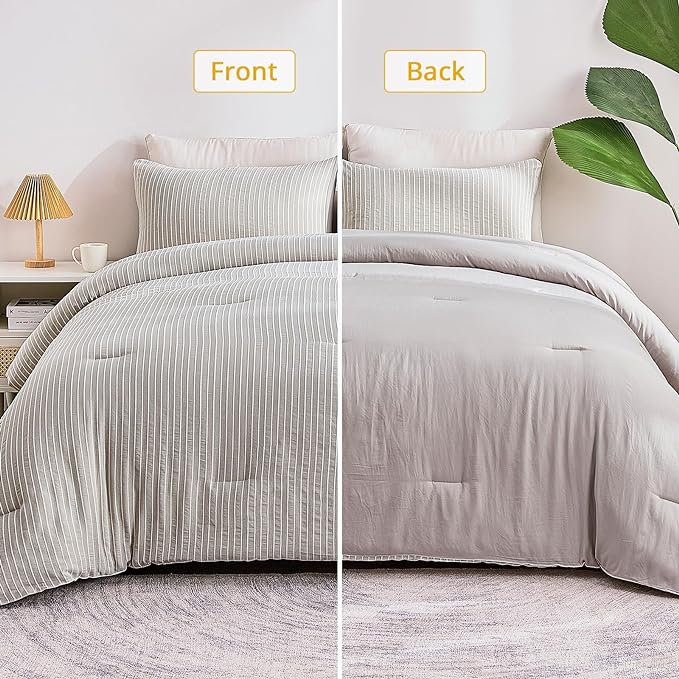 ENCOFT Light Grey Comforter Queen Size, 3 Piece White Striped Comforter for Queen Size Bed, with 2 Pillowcase, Soft Microfiber Light Weight Bedding Set with Comforter, 90" x 90" - LeafyLoom