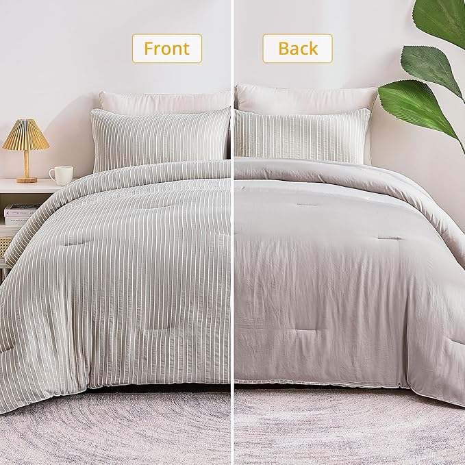ENCOFT Light Grey King Comforter Set, 3 Piece Soft Microfiber Lightweight Bedding with Comforter, Grey and White Striped Comforter King Bed for All Seasons, with 2 Pillowcases, 104" x 90" - LeafyLoom