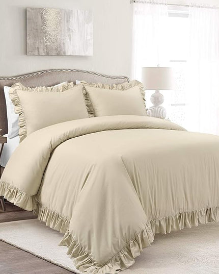 Lush Decor Reyna Ruffle 100% Cotton Duvet Cover Set - 3 Piece Cozy Ruffled Bedding Set - Timeless Elegance and Comfort - Full/ Queen, Wheat - LeafyLoom