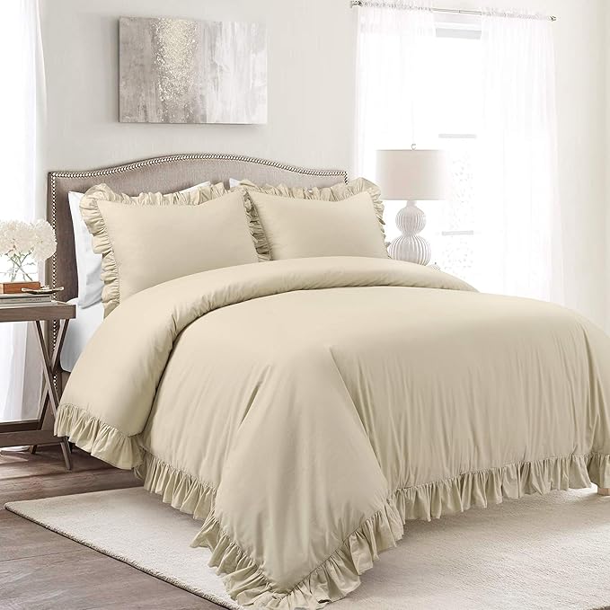 Lush Decor Reyna Ruffle 100% Cotton Duvet Cover Set - 3 Piece Cozy Ruffled Bedding Set - Timeless Elegance and Comfort - Full/ Queen, Wheat - LeafyLoom