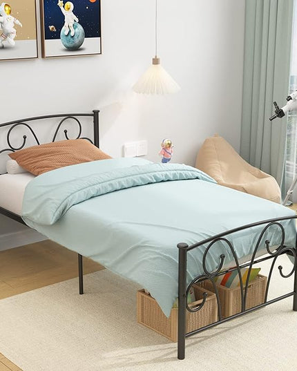 Timy Kids Twin Bed Frame with Headboard and Footboard, Metal Platform Bed Frame with 12 Inch Storage Space for Boys Girls Teens Adults, No Box Spring Needed, Black - LeafyLoom